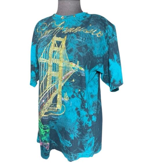 Vtg 80s San Francisco Tie Dye Metallic Painted Maximalist T Shirt XL Golden Gate - Picture 3 of 5